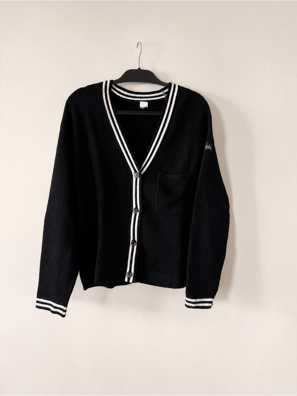 Alo Black Button-Front V-Neck Cardigan with Contrast Trim